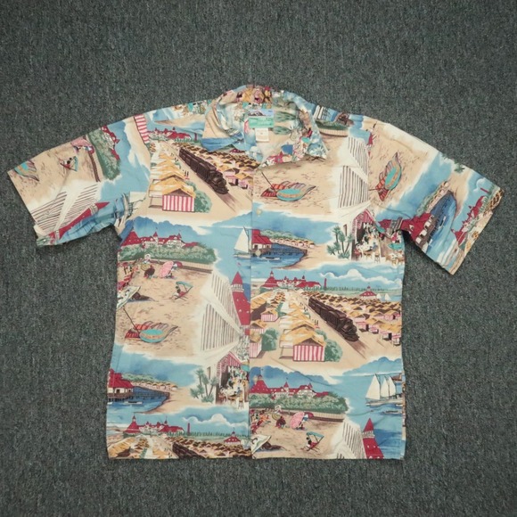 VINTAGE‎ Reyn Spooner Shirt Mens Medium Beige Blue Hawaiian Beach Vacation